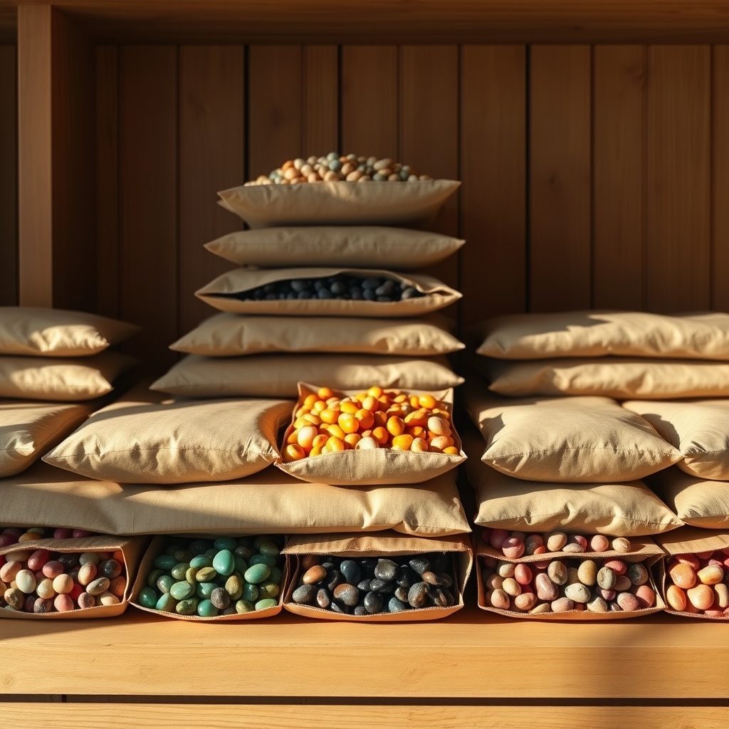 Colorful pebble packs displayed