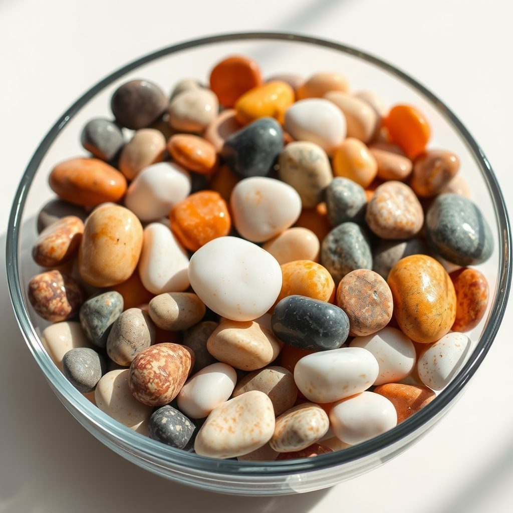 Polished pebbles in a decorative bowl
