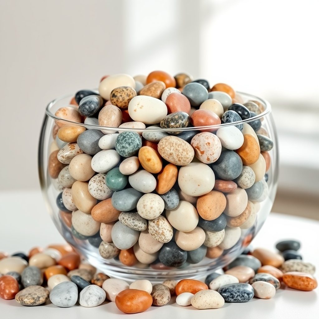 Colorful polished pebbles in a decorative bowl