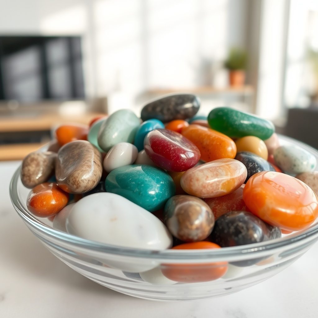 Polished pebbles arranged in a terrarium