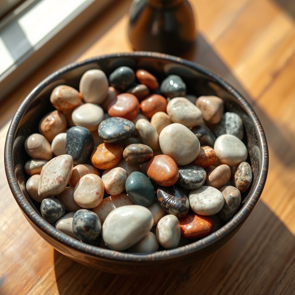 Polished pebbles in a decorative setting