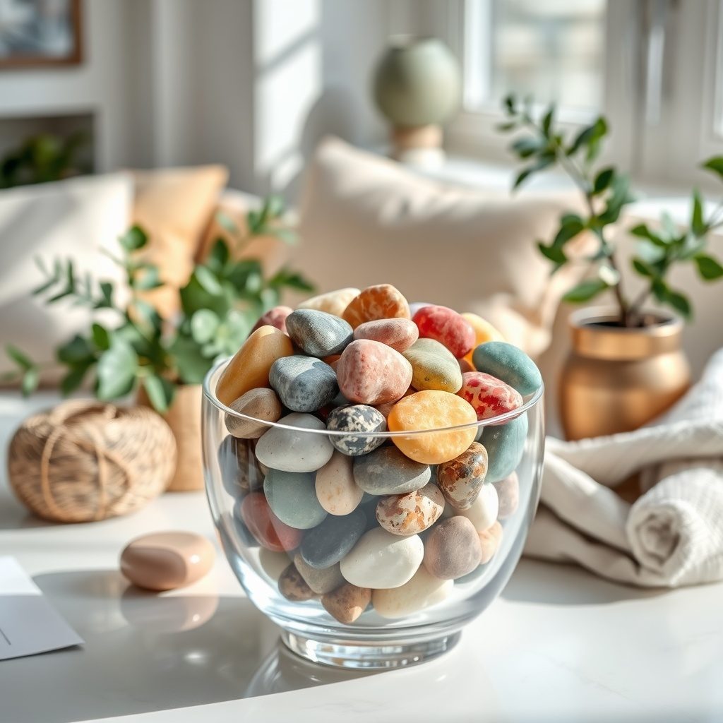 Decorative stones displayed in a stylish vase.