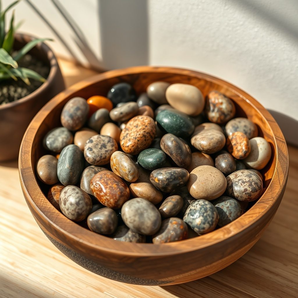 Beautiful polished pebbles in a decorative bowl.